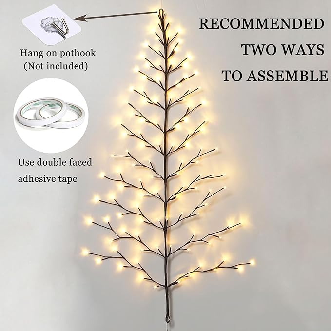 Hairui Lighted Brown Wall Tree 6FT 180 Warm White LED Lights for Easter Home Fireplace Christmas Decoration Inside Outside