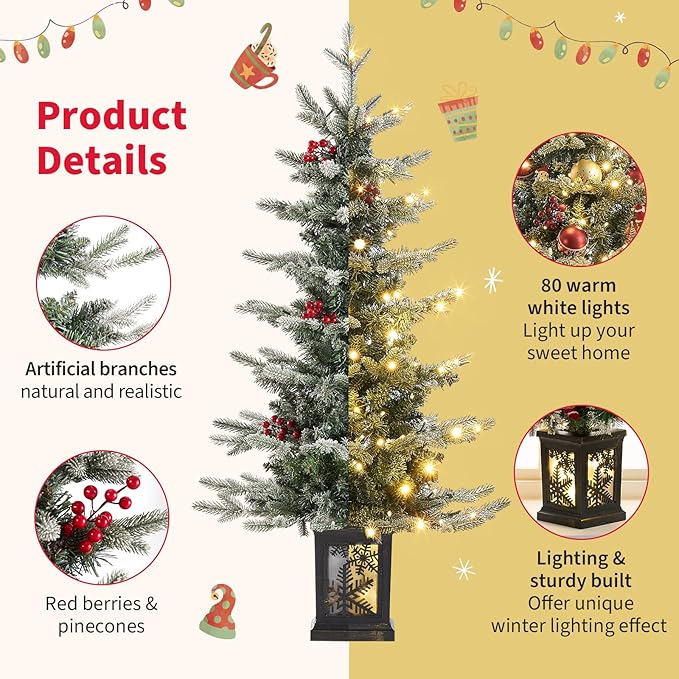 Small 3.5 FT Pre-Lit Christmas Tree with Ligths Snow Flocked Tabletop Christmas Tree with Sleigh Base for Home Office Xmas Decor, Battery Operated and Timer Function