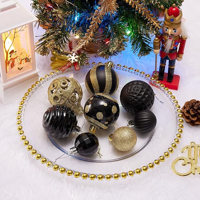 100PCS Christmas Ball Ornaments, Assorted Shatterproof Christmas Tree Decorations, Seasonal Decorative Hanging Baubles Decor Set for Xmas/Holiday/Party, Glitter&Painting Ornament Set (Black Gold)