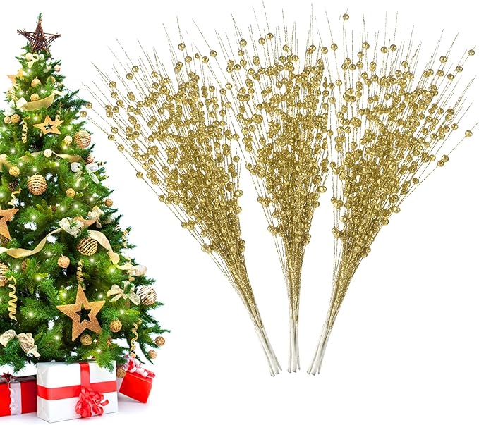 Christmas Artificial Glitter Berry Stem Decorations Decorative Bead Sticks Xmas Picks Glittery Twigs Branches for Christmas Tree Wreath Gift Vase Home Decor Party Ornaments Gold 24 PCS