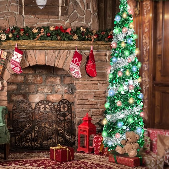 5FT Pop Up Christmas Tree with 90 LED Lights, Collapsible Artificial Pencil Christmas Tree, Tinsel Skinny Christmas Trees for Home Apartment Porch Indoor Outdoor Holiday Decorations