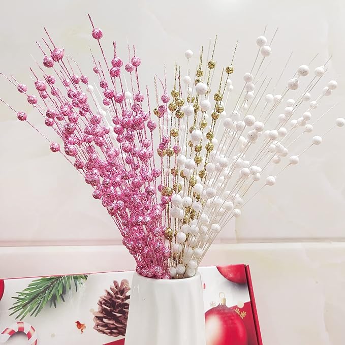 Christmas Artificial Glitter Berry Stem Decorations Decorative Bead Sticks Xmas Picks Glittery Twigs Branches for Christmas Tree Wreath Gift Vase Home Decor Party Ornaments Gold 24 PCS