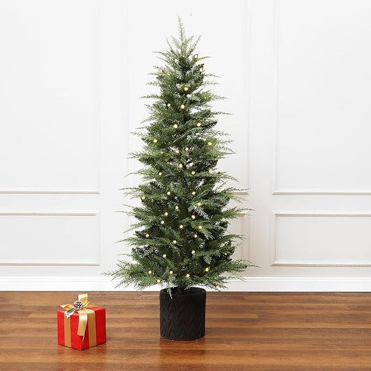 LuxenHome 5FT Small Christmas Tree, Potted Slim Christmas Tree with 100 Warm White LED Lights, Realistic Cedar Prelit Artificial Christmas Trees with Black Planter Pot for Outdoor Porch, Entryway