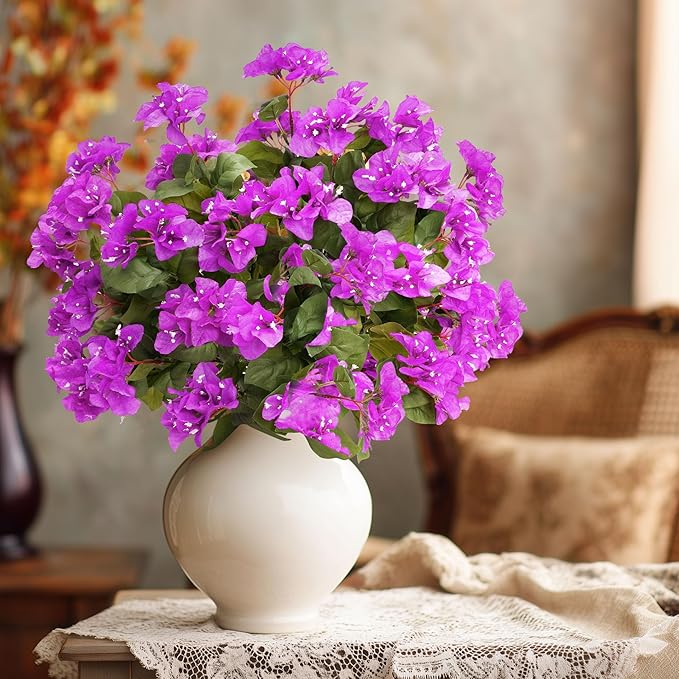 4 Pcs Artificial Flowers Bougainvillea Outdoor Artificial Plants Faux Flowers with Stems Silk Flowers for Wedding Porch Living Garden Decor(4PCS,Dark Purple)