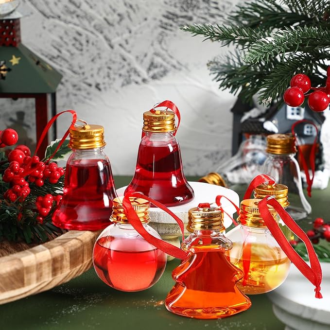 Patelai 18 Pcs Christmas Drink Balls Clear Shot Glass Ornaments Xmas Tree Fillable Ornaments Plastic Xmas Water Bottle Bulbs for Holiday Party Decorations(Round, Bell, Christmas Tree,50 ml)