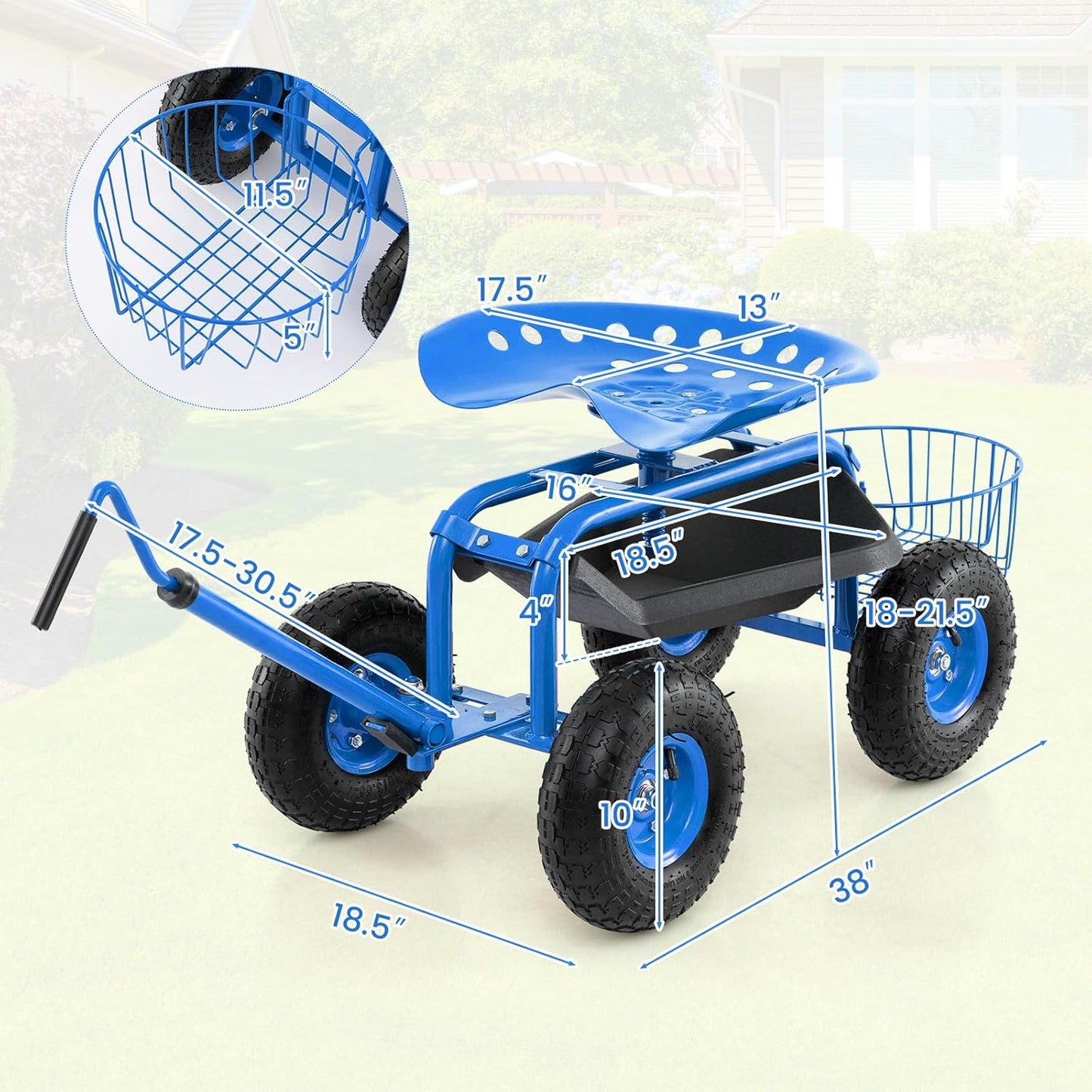 Rolling Garden Seat, Garden Stool with Wheels, Extendable Handle, Storage Basket & Tool Tray, Garden Scooter with 360 Degree Swivel Seat for Outdoor, Garden & Yard (Blue)