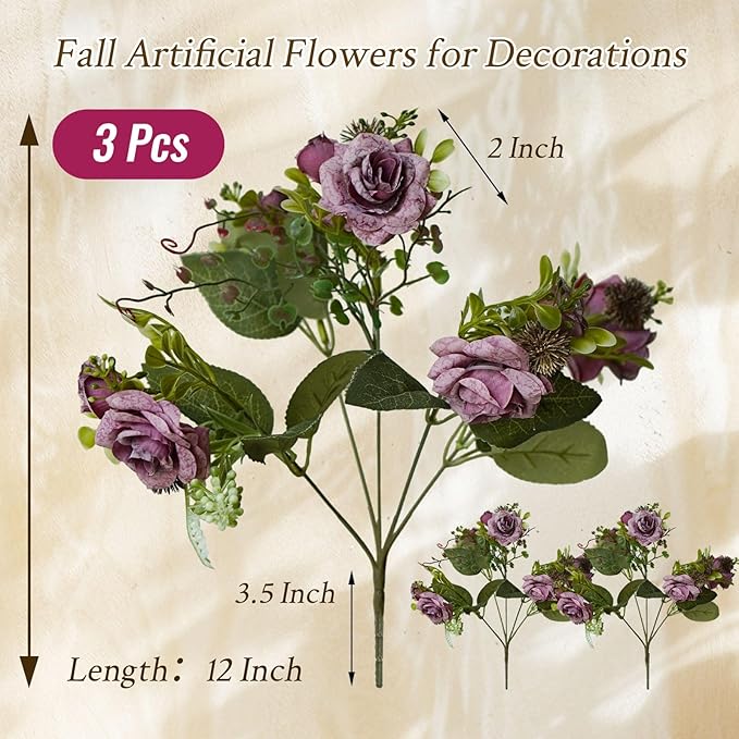 3 Bundles Fall Artificial Flowers Bouquet, Autumn Fake Roses Bouquet Faux Fall Floral Arrangements for Centerpiece Table Wedding Party Home Decor (Purple Rose Red)
