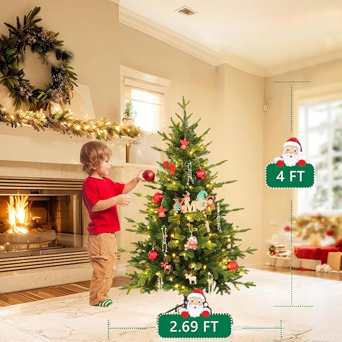 4 ft Pre-Lit Artificial Christmas Tree with Lights, Fraser Fir Realistic PE PVC Branch Tips, Holiday Xmas Tree, Metal Stand Automatic Unfold Hinged Design, Easy Assembly for Home Party Decoration
