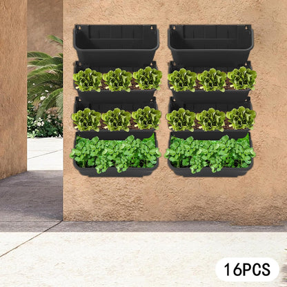 Eapmic Vertical Wall Planter with 16 Pots, Hanging Garden Plant Flowerpot Holder, Stackable Wall-Mounted Planter, Balcony Planters for Flowers Vegetables Fruits (Black, 16 Pots)