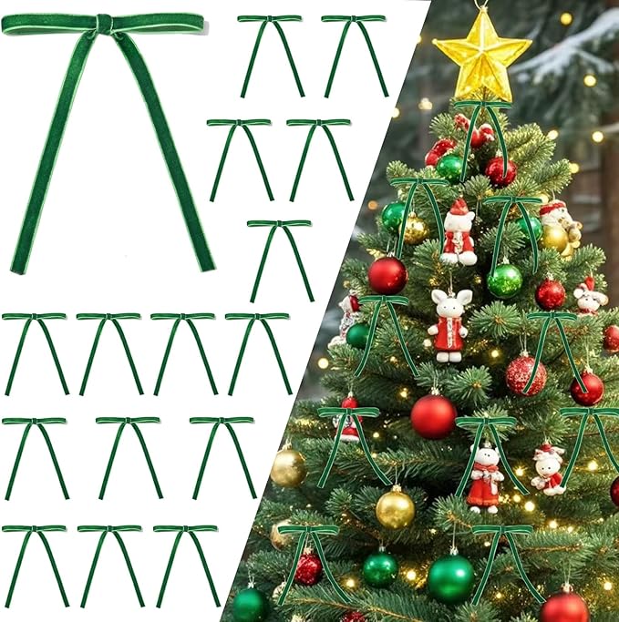 Spiritlele 30 Pcs Green Christmas Bows for Christmas Tree Velvet Ribbon Bow Knot Vintage Wreath Bows Ornaments for Xmas Holiday Home Decoration (5 x 7 Inch, Width of 3/8")