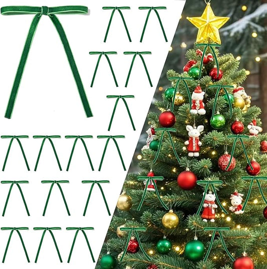 Spiritlele 30 Pcs Green Christmas Bows for Christmas Tree Velvet Ribbon Bow Knot Vintage Wreath Bows Ornaments for Xmas Holiday Home Decoration (5 x 7 Inch, Width of 3/8")