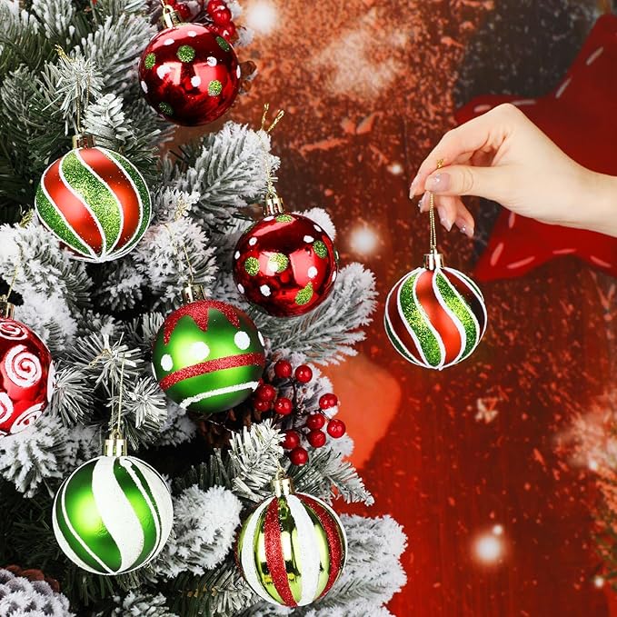 Leyndo 30 Pcs Christmas Ball Ornaments 2.4 Inch Lime Green Red White Whimsical Christmas Tree Decorations Glitter Elf Polka Dot Stripes Swirl Peppermint Candy Cane Xmas Bulbs for Tree(Stylish Style)