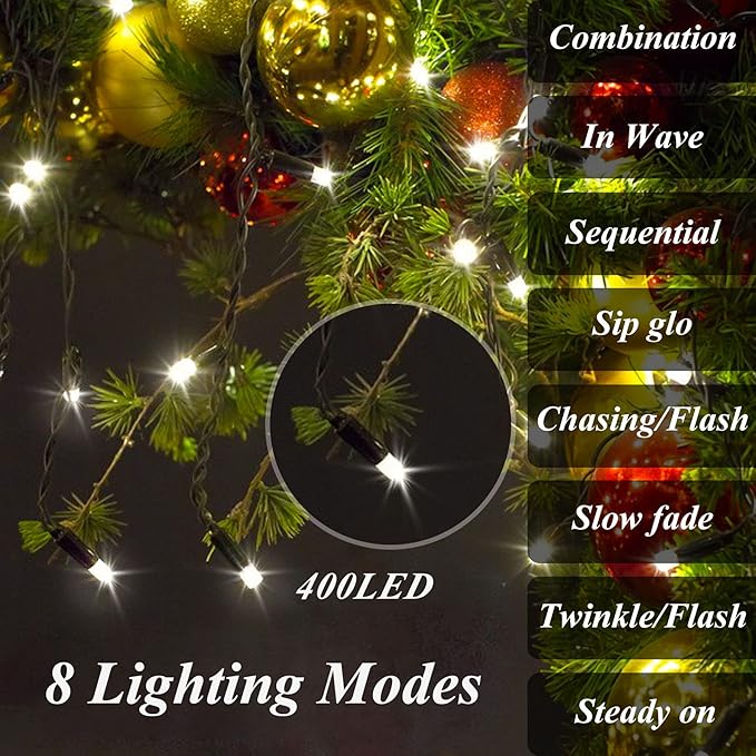 Christmas String Lights for Tree, 400 LEDs Christmas Tree Lights with Memory Function & 8 Modes, 6.6FT x 16 Lines Fairy Lights with Remote Control & Timer for Christmas Tree Decorations - Cold White