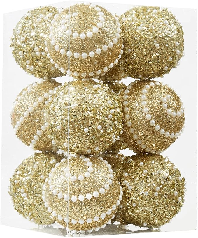 Gold Christmas Ball Ornaments,12ct Christmas Tree Shatterproof Plastic Hanging Sequin Xmas Balls for Festivals Holiday Party Decorations(70mm/2.76")