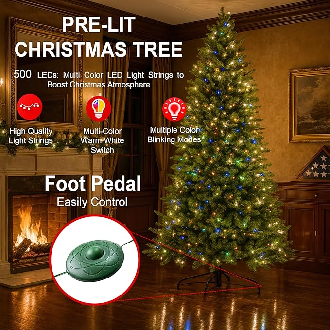 6.5ft Pre Lit Christmas Tree with 450 Multi-Color LED Lights – Artificial Tree with 1617 Realistic PE & PVC Tips, Hinged Branches, Foot Pedal and Metal Stand for Indoor Holiday Decor