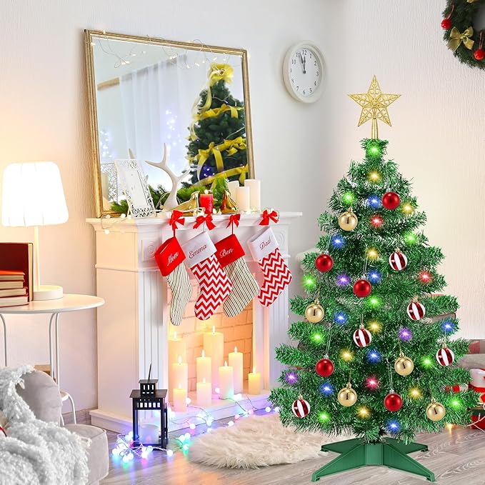 [ 12 Modes & Timer ] 3 Ft Christmas Tree with 50 Warm White, 15 DIY Ornaments, 3D Star Topper Battery Operated Small Christmas Tree for Indoor Home Tables Fireplace Holiday Xmas Christmas Decorations