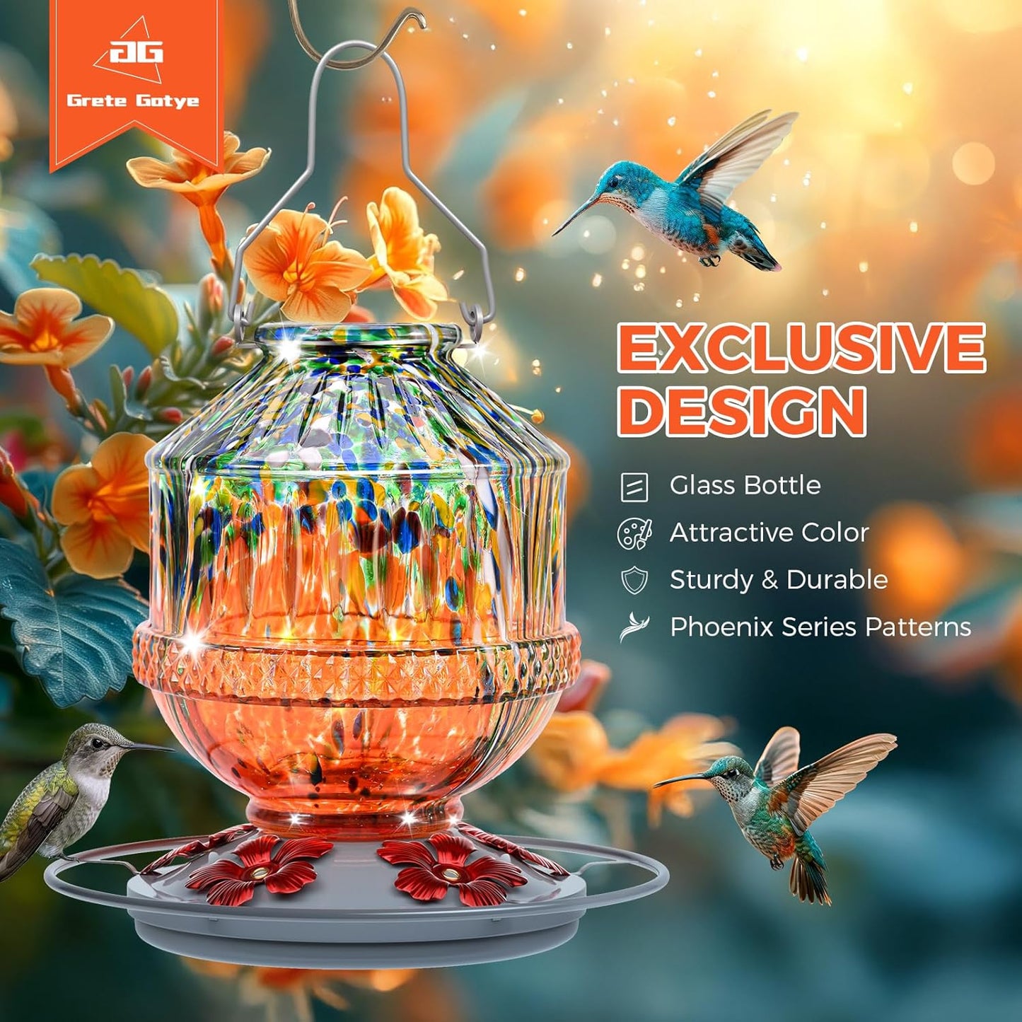 Blown Glass Hummingbird Feeders for Outdoors, 25 Ounces Wild Bird Nectar Feeder with Perch & 5 Flower Feeding Ports Leak Proof Hanging for Garden Backyard Decor, Gifts for Women Mom, Orange