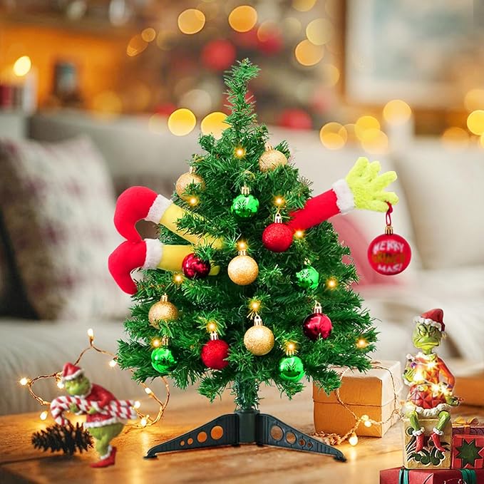 Small Christmas Tree Mini Christmas Tree with LED Lights Arms and Legs Tabletop Decoration Ornaments for Indoor Home Party Decor