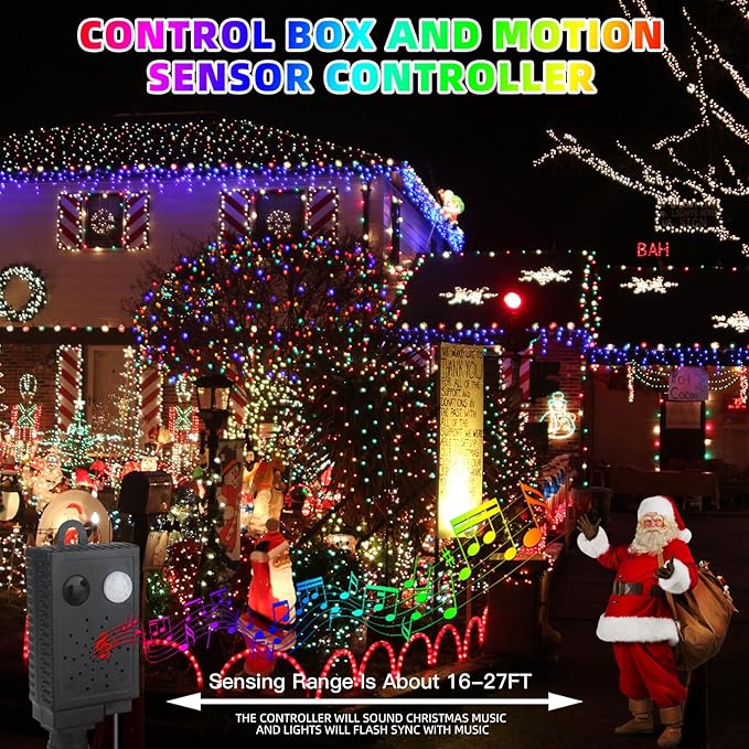 Music Motion Sensor Christmas String Lights 105FT 300 LED，Multicolour Christmas Tree Lights，End to End Plug In 6 Modes Decorative Light, No Timer；Waterproof for Indoor Outdoor Tree Party Decor