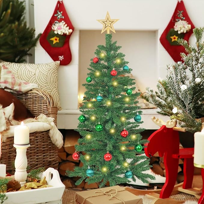 Sunshine Christmas Tree with Light 4ft Artifical Full Christmas Tree with Ball & Star Ornaments 8 Lighting Modes for Holiday Decor (Emerald Green 4ft)