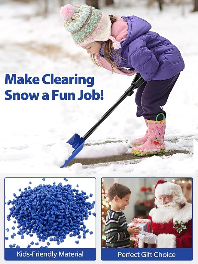 Snow Shovel for Child Aged 2-13 Year Old, Plastic Kids Snow Shovel Right Kid Size, Comfort Strong D Handle Grip, Lightweight Small Snow Shoveling Tool for Children Toddler, Bright Blue Color
