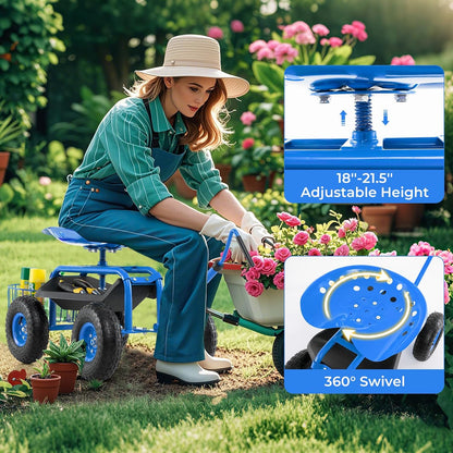 Rolling Garden Seat, Garden Stool with Wheels, Extendable Handle, Storage Basket & Tool Tray, Garden Scooter with 360 Degree Swivel Seat for Outdoor, Garden & Yard (Blue)