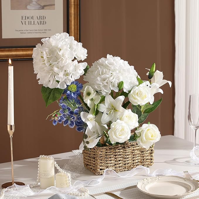 Nubry 22.44In White Hydrangea Artificial Flowers, 2Pcs Latex Faux Real Touch Large Hydrangea Flowers with Long Stems & Leaves for Home Office Decor Wedding Party Arrangements(White)