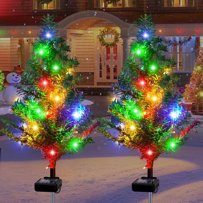 Solar Christmas Tree Outdoor Decor, Waterproof Solar Xmas Decorations Garden Stake Lights, Multi-Color LED Artificial Prelit Christmas Décor for Outside Landscape Pathway Porch Yard Holiday (4 pcs)
