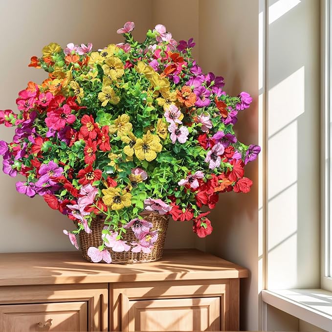 SHIAWASENA Realistic Outdoor Fake Plants Flowers, Artificial Flowers, UV Resistant, 12 Bundles Faux Silk Colorful Violet Flowers Bouquet with Eucalyptus