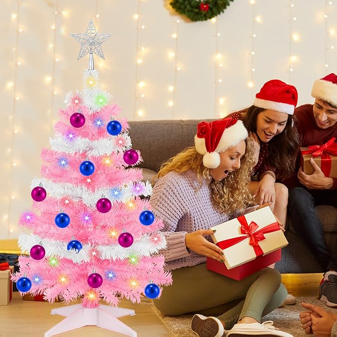 [ Timer & 12 Modes ] 3 Ft Pink & White Valentines Christmas Tree with 50 Warm White&Color Lights 20 Ball Ornaments 3D Star Battery Operated Remote Small Valentines Tree Valentines Day Decorations