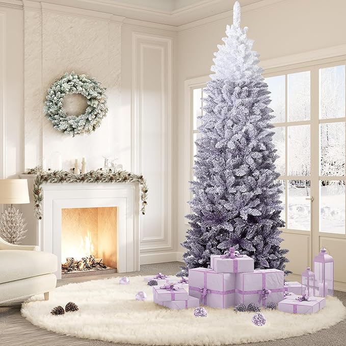 GAOMON 6Ft Snow Flocked Pencil Christmas Tree, Slim Artificial Christmas Tree with Sturdy Metal Stand, Skinny Xmas Tree Holiday Decoration for Home, Office, White & Purple Gradient