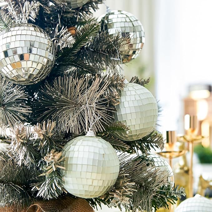 12 PCS Disco Balls Decor, Silver Disco Ball Party Decorations, Hanging Christmas Decoration Matte and Mirror Balls, 3.15in Glass Hanging Disco Ball for Home Holiday KTV Wedding Stage Xmas Tree