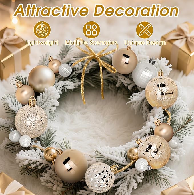 TranquilBliss 50 Pcs Christmas Ornaments Set with Strings, Christmas Ball Ornaments Set with Hanging Strings, Shatterproof Christmas Decorations Ornaments for Xmas Tree (Deep Champagne)