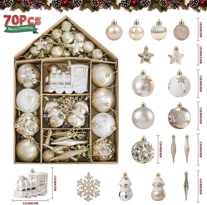 Christmas Ornaments Set,48Pcs Shatterproof Christmas Tree Ornaments Balls,Versatile Hanging Christmas Balls Ornaments,for XmasTrees,Wreath Garland,Holiday Party, Home Decor(White Gold)