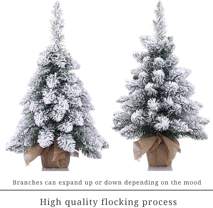 Pre-Lit Artificial Mini Christmas Tree,20 Inch Snow Flocked Small Pine Xmas Tree with 40 LED Lights,70 Branch Tips,Battery Operated Tabletop Christmas Tree Burlap Base-(50cm)