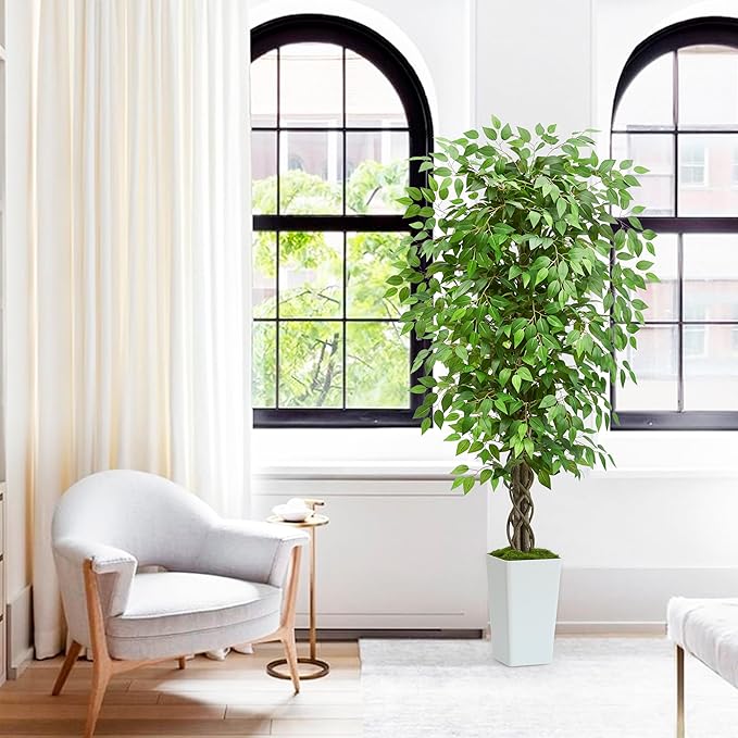 Artificial Ficus Tree 5FT Faux Plants Indoor Tall Fake Plants with White Tall Planter, Green Lifelike Lush Fake Ficus Tree for Home Living Room Bedroom Outdoor Balcony House Office Decor