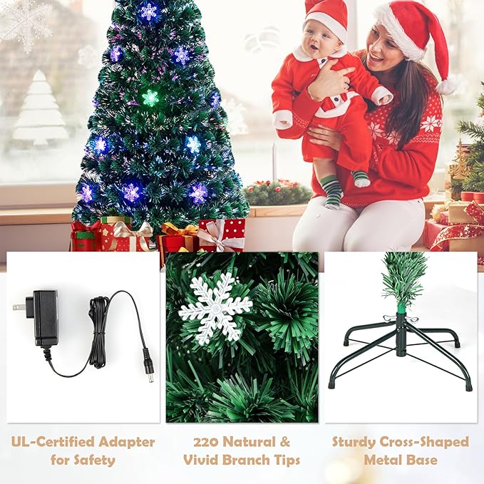 Goplus 6ft Pre-Lit Fiber Optic Christmas Tree, Artificial Xmas Full Tree with Colorful Snowflake LED Lights, 220 Branch Tips, Foldable Metal Base, for Office Home Holiday Decor