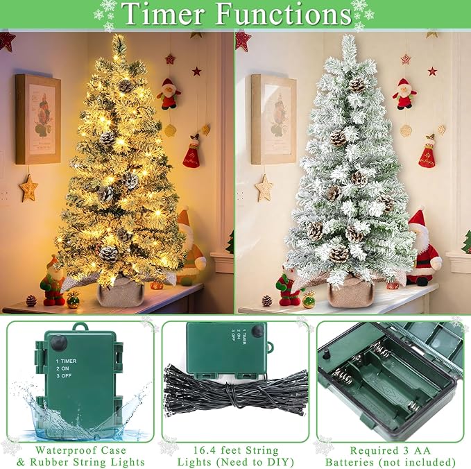 Timer - 3 Ft Artificial Mini Christmas Tree, Thick Snow Flocked Tabletop Christmas Tree with 50 Warm White Lights Battery Operated 102 Snowy Branches 12 Pinecones Burlap Base Xmas Decor Home Indoor