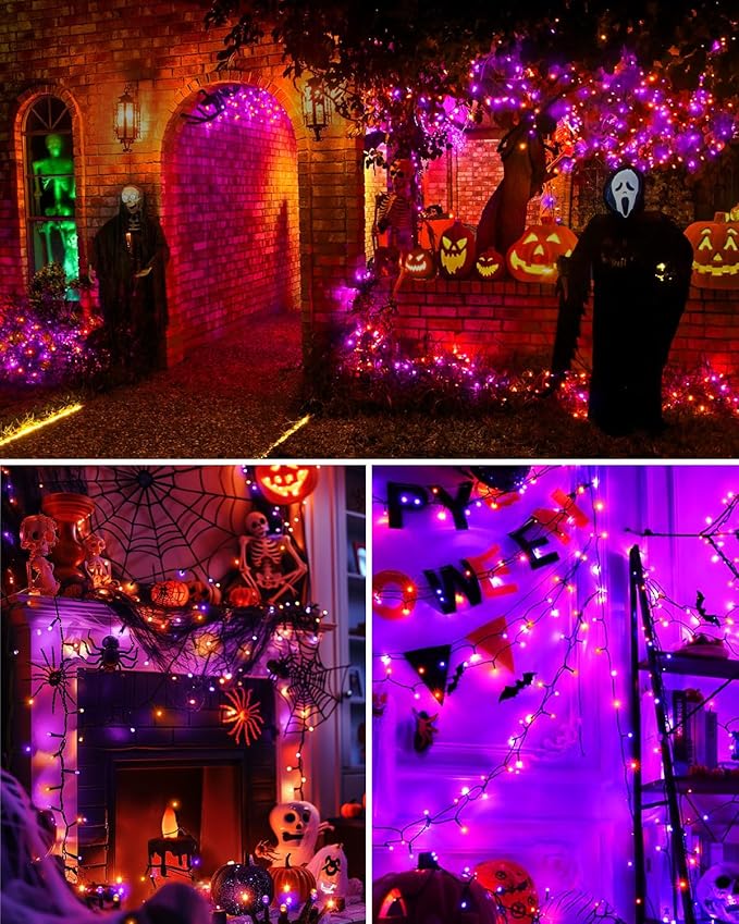 2Packs 380 LED Halloween Lights, Each 125FT String Lights 8 Lighting Modes & Timer Memory, Outside Waterproof Strings Lights for Trees Gardens Yard Holiday Decorations, Purple and Orange