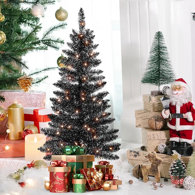 4ft Artificial Full Black Christmas Tree with Separate Lights, Not Pre-lit Mini Black Tinsel Pine Christmas Tree, 50 Lights, Small Xmas Tree for Home, Office, Party Decoration, Indoor