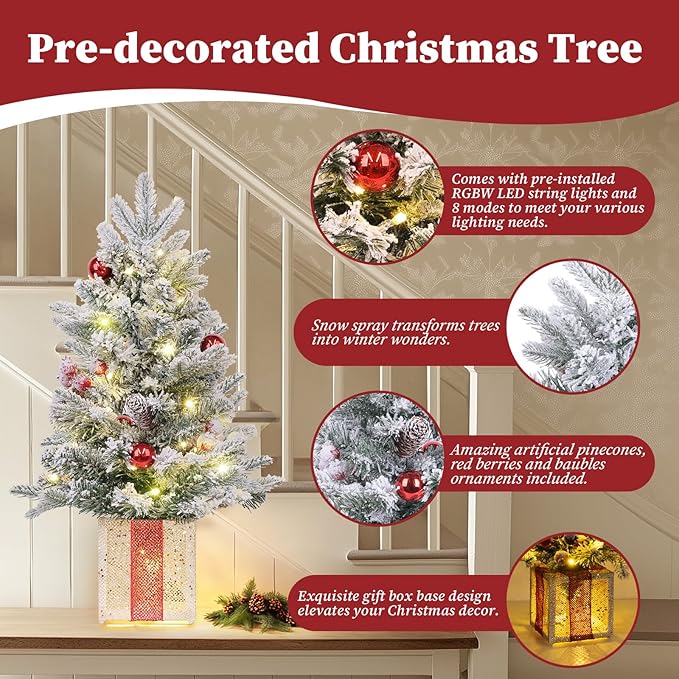 Brightever 2FT Small Christmas Tree, Prelit Mini Christmas Tree with 50 Multi-Color LED Lights, Gold Gift Box Base, Battery Operated Little Xmas Tree for Table Top, Pinecone & Berries Included, Green