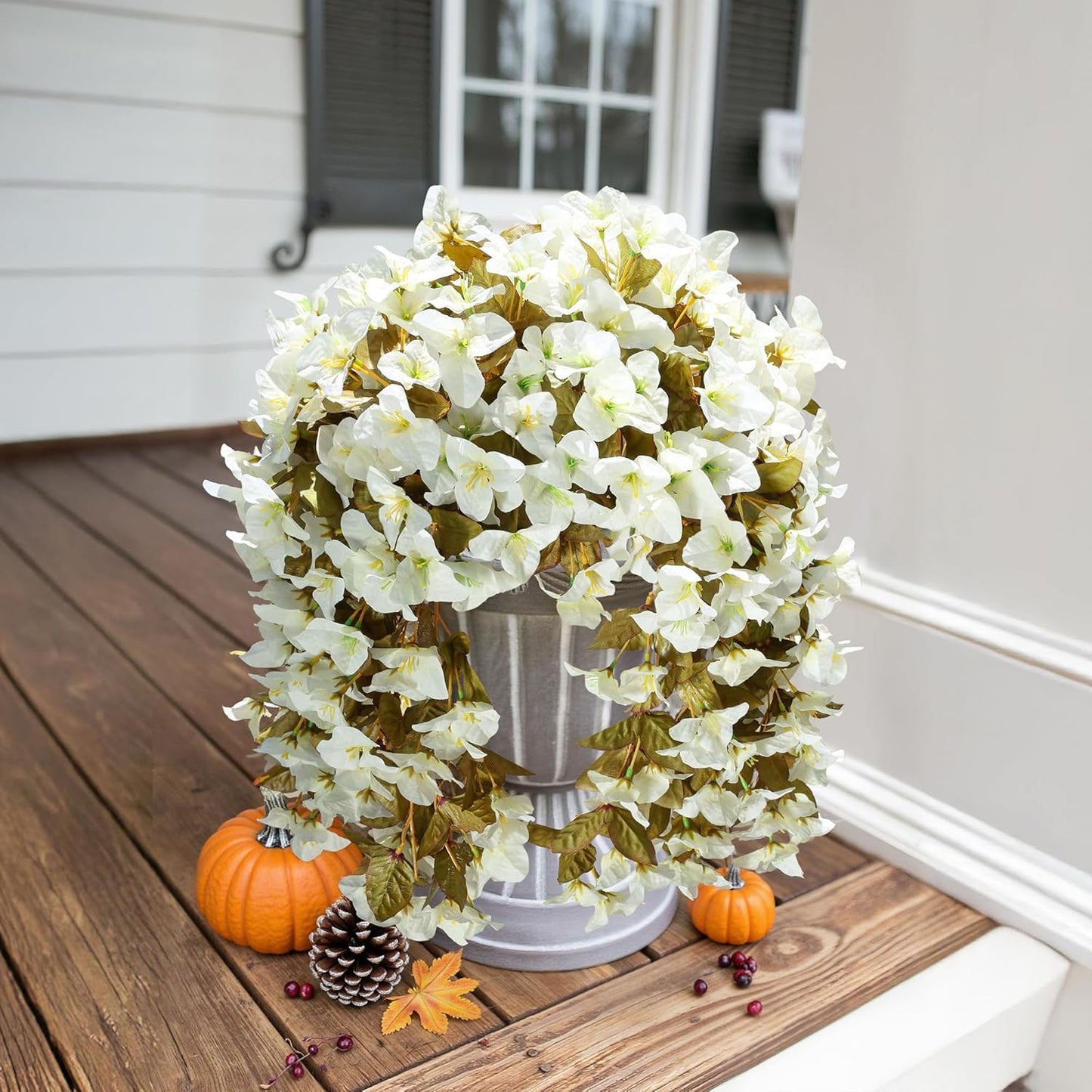 Bougainvillea Artificial Fall Hanging Flowers Plants for Outdoors Autumn Decoration, 2pcs Faux Bougainvillea Vines White Fake Flowers Realistic UV Resistant Silk Flowers for Outside Planter Yard Home