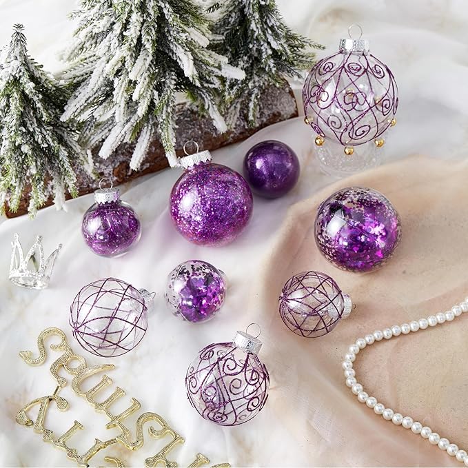 Wironlst Christmas Ball Ornaments Shatterproof Clear Large Plastic Hanging Ball Decorative Baubles Set with Stuffed Delicate Decorations (Multi-Size, Purple)