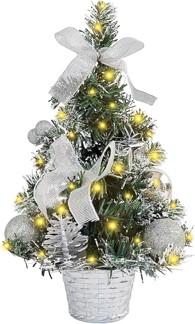 FR 12 Inch Tabletop Christmas Tree,Wintry Pine,Decorated with Pine Cones Berry Clusters,with LED Lights,for Desktop Centrepiece,Mantelpiece,Indoor DIY Christmas Decoration/Silver