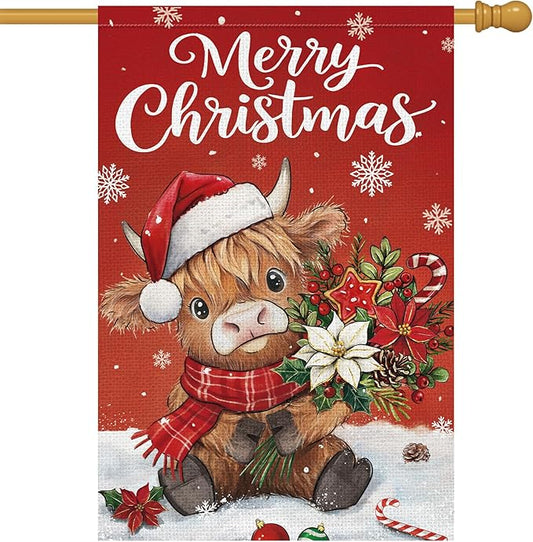Heyfibro Merry Christmas Highland Cow Garden Flag 28x40 Inch Double Sided Burlap, Winter Snowflake Yard Flags for Holiday Xmas Seasonal Outdoor Decoration(ONLY FLAG)