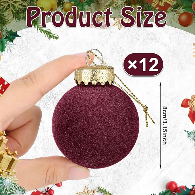 12 Pcs Velvet Christmas Balls Flocked Christmas Tree Hanging Ornaments Shatterproof Plastic Hanging Balls Decorations for Xmas Tree Party Home Holiday Decor (Wine Red, 3.15 inch)