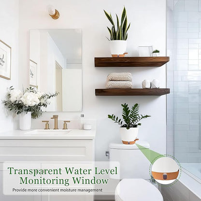 Self Watering Pots for Inoor Ourdoor Plants 10/9/8/7/6.5 Inch Plastic Planters with Drainage Holes & Water Level Indicator, Decorative House Flower Nursery Planting Pots with Saucers ((White)