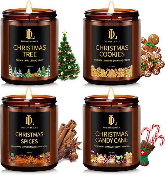 Christmas Candle Set, Scented Candle for Holiday, 4 Pack Soy Candles for Home Scented, Christmas Holiday Candle Gifts for Women Men, Scents of Christmas Tree/Cookies/Spices/Candy Cane
