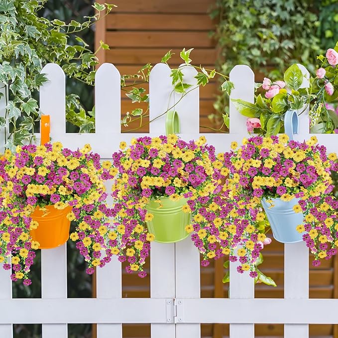 Artificial Flowers for Outdoors 6PCS，All Weather Fade Proof, UV Resistant Waterproof Realistic Faux Silk Mums Daisies Purple & Yellow for Hanging Planters Porch Patio Balcony Deck Fence Garden Decor