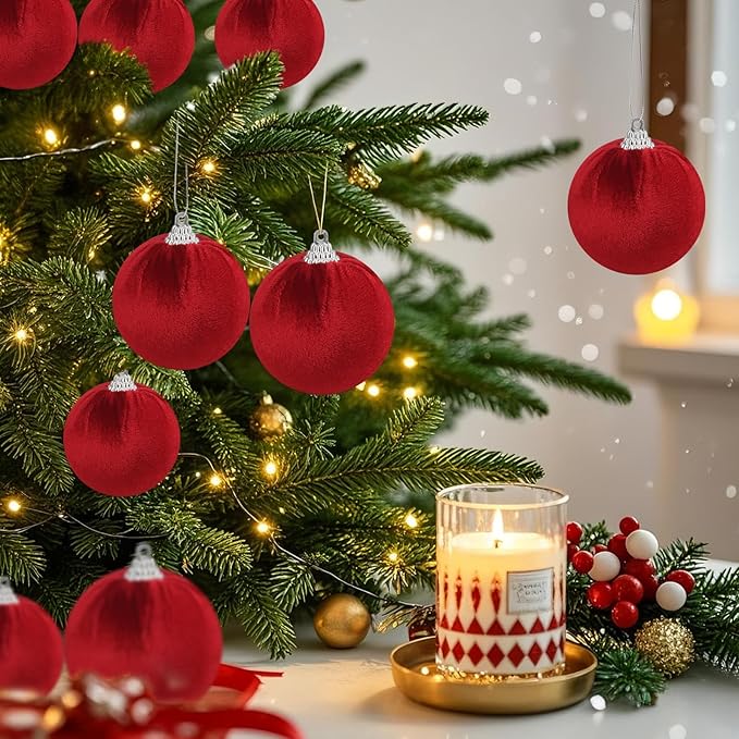 Woration 9pcs Red Velvet Christmas Hanging Ornaments Balls Set 2.36inch Garlands Xmas Tree DIY Decoration Hanging Plastic Balls for Holiday Wedding